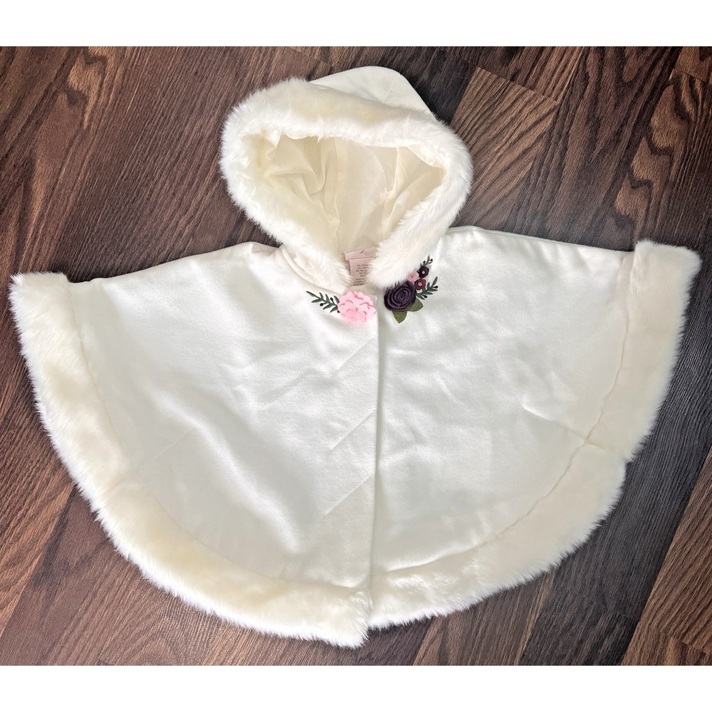 Savannah Girls Ivory Faux Fur Hooded Cape Poncho Floral 24M 2T Dressy Winter